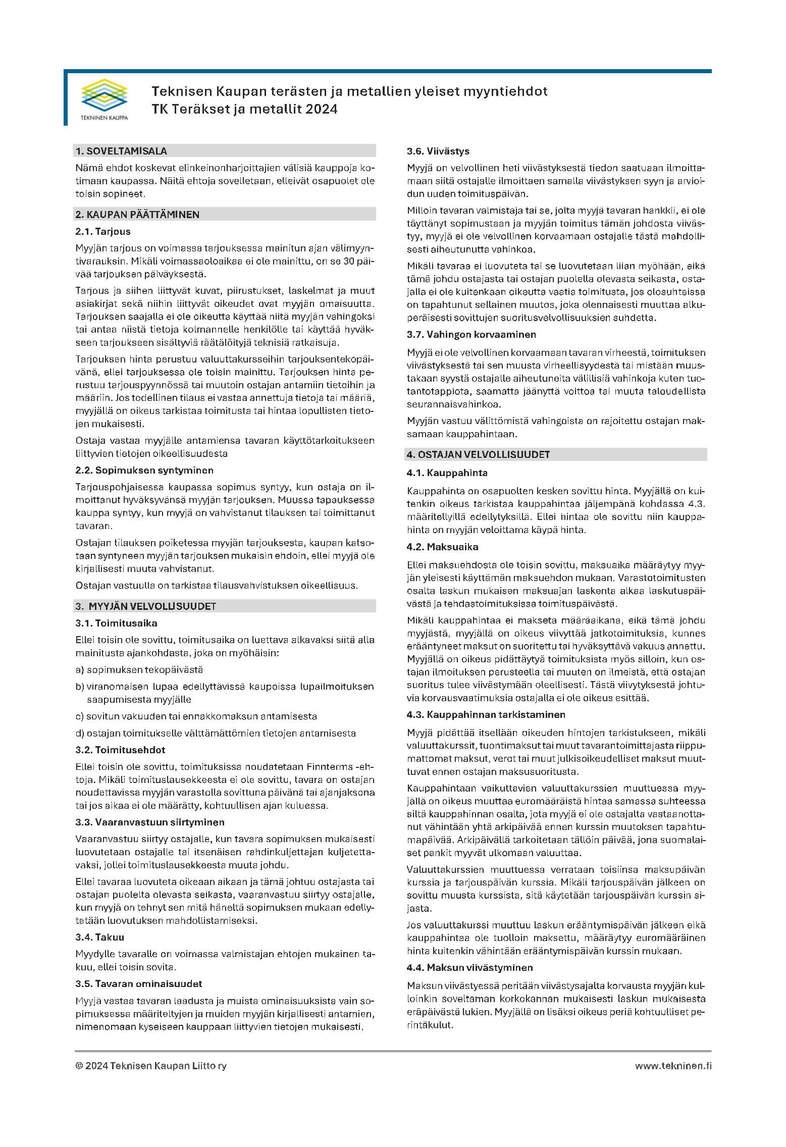 Teknisen Kaupan terästen ja metallien yleiset myyntiehdot